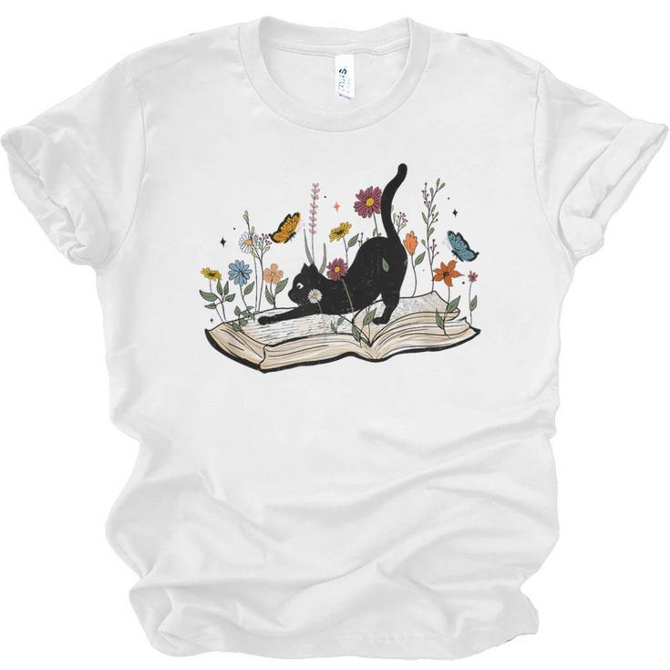 Cute Cat Flower Garden Book Kitty Reading Floral Men Women Girls Kids Unisex Jersey T-Shirt