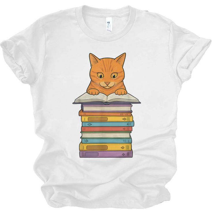 Cute Orange Tabby Cat Reading On Pile Of Books Unisex Jersey T-Shirt