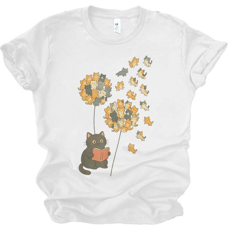Cute Reading Cat With Kitten Dandelion Flowers Book Lover Unisex Jersey T-Shirt