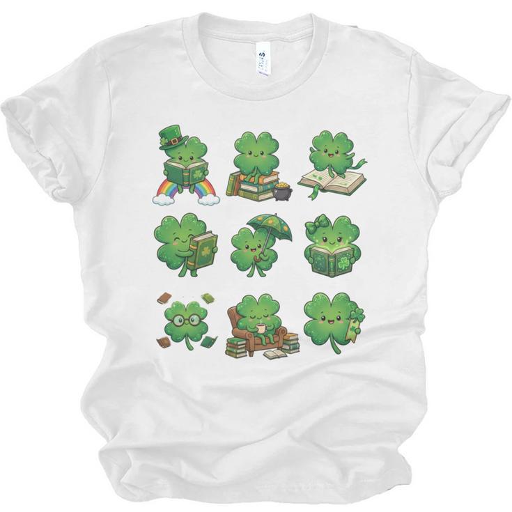 Cute Shamrock Reading St Patricks Day Teacher Book Lovers Unisex Jersey T-Shirt