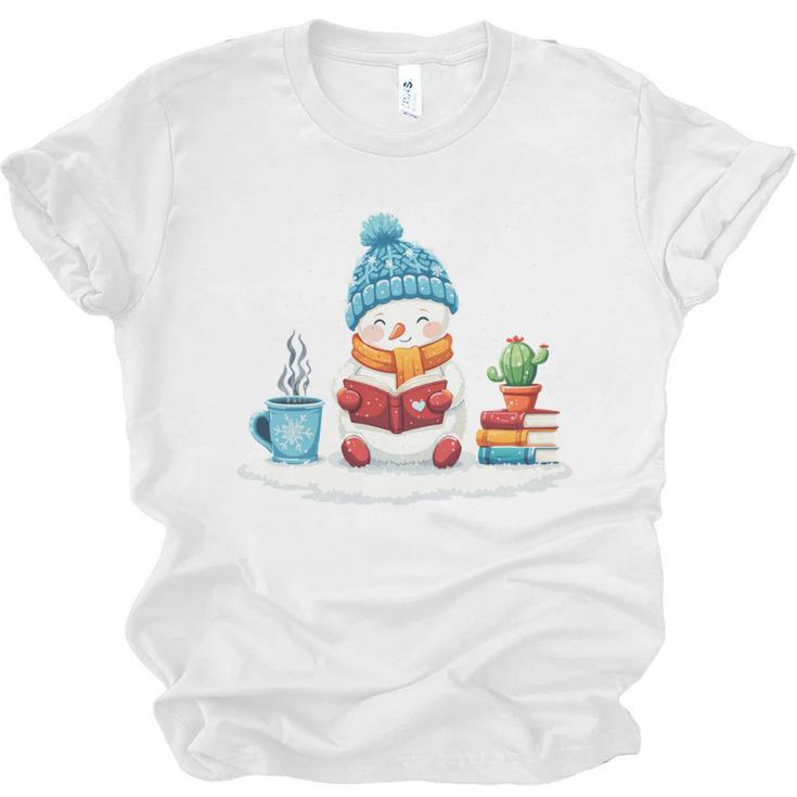 Cute Winter Cozy Snowman Reading Book Lovers Xmas Snowman Unisex Jersey T-Shirt