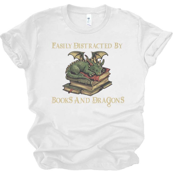 Easily Distracted By Books And Dragons Graphic Premium Unisex Jersey T-Shirt