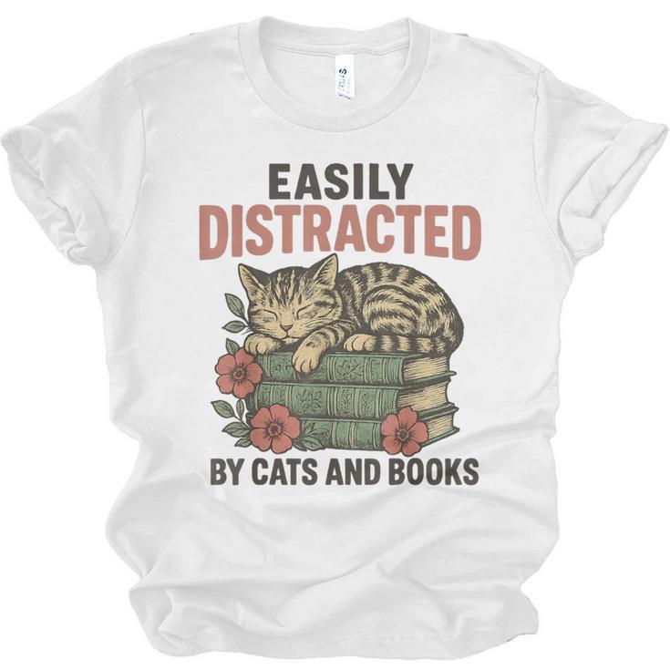 Easily Distracted By Cats And Books Vintage Unisex Jersey T-Shirt