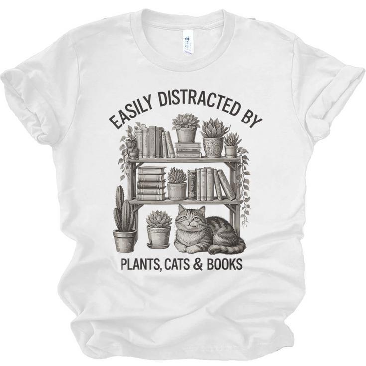Easily Distracted By Plants Cats & Books Planting Gardening Unisex Jersey T-Shirt