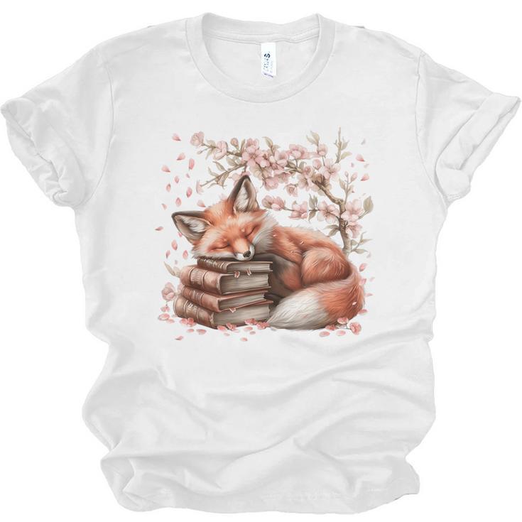 Fox And Book Lover Graphic For Women And Spring Pink Flower Unisex Jersey T-Shirt