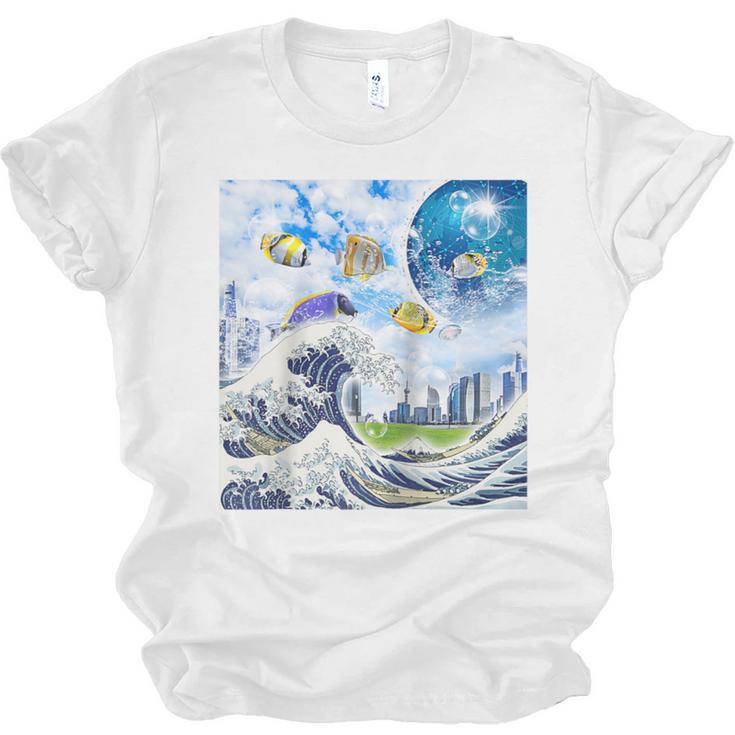 Frutiger Aero Aesthetic Tech Great Wave Of Kanagawa Fishes Raglan Baseball Tee Unisex Jersey T-Shirt