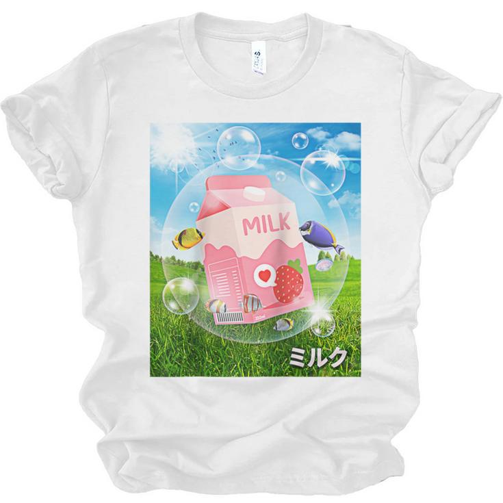 Frutiger Aero Aesthetic Tech Kawaii Strawberry Milk Fishes Raglan Baseball Tee Unisex Jersey T-Shirt