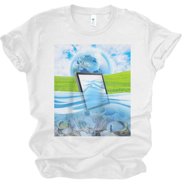 Frutiger Aero Aesthetic Tech Water Fishes Monitor Screen Raglan Baseball Tee Unisex Jersey T-Shirt
