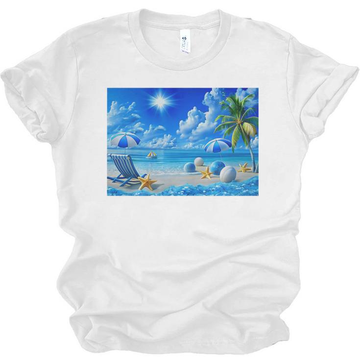 Frutiger Aero Beach Y2k Aesthetic Palm Tree Sand Ocean Premium Unisex Jersey T-Shirt