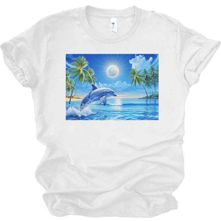Frutiger Aero Dolphin Sunset Ocean With Palm Trees Y2k Premium Unisex Jersey T-Shirt