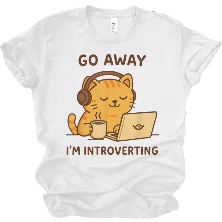 Go Away I'm Introverting Cozy Cat With Laptop And Coffee Unisex Jersey T-Shirt