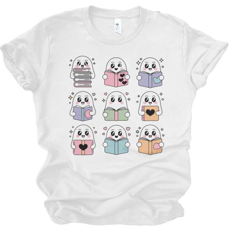 Halloween Ghosts Reading Books Pattern Spooky Kawaii Anime Unisex Jersey T-Shirt