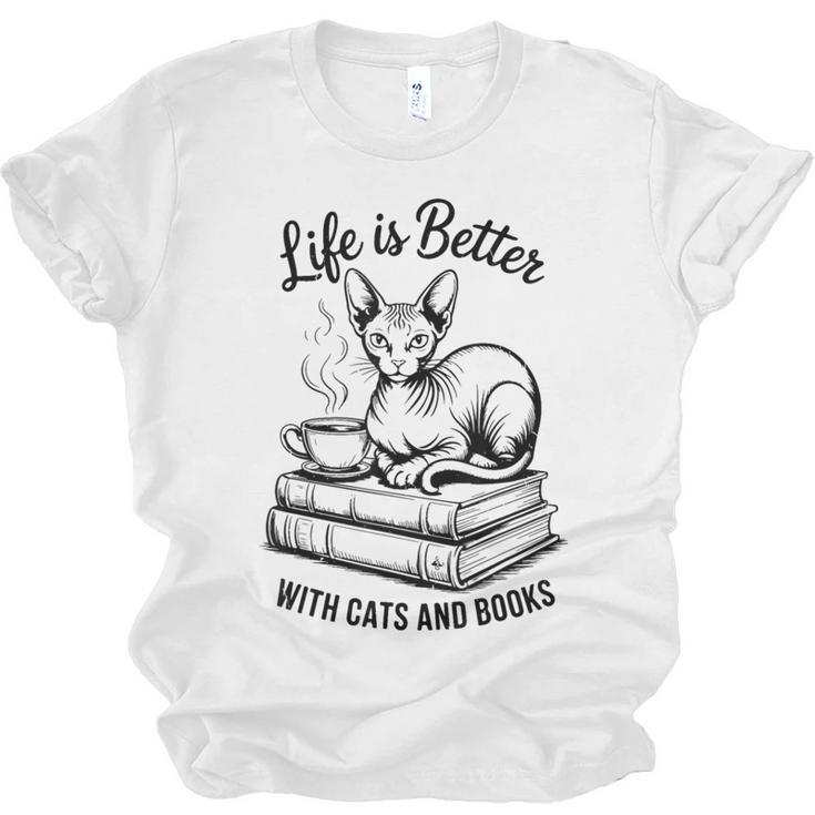 Life Is Better With Cats & Books Sphynx Cat Mom Women Unisex Jersey T-Shirt