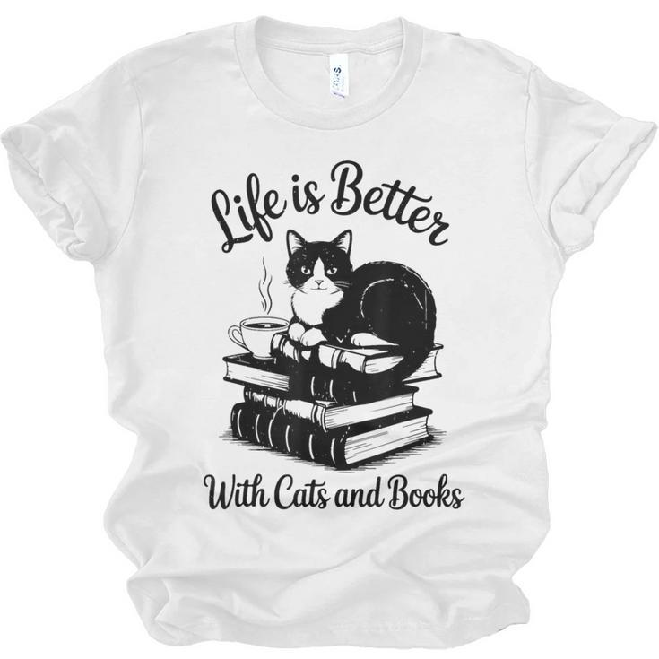 Life Is Better With Cats & Books Tuxedo Cat Mom Women Unisex Jersey T-Shirt