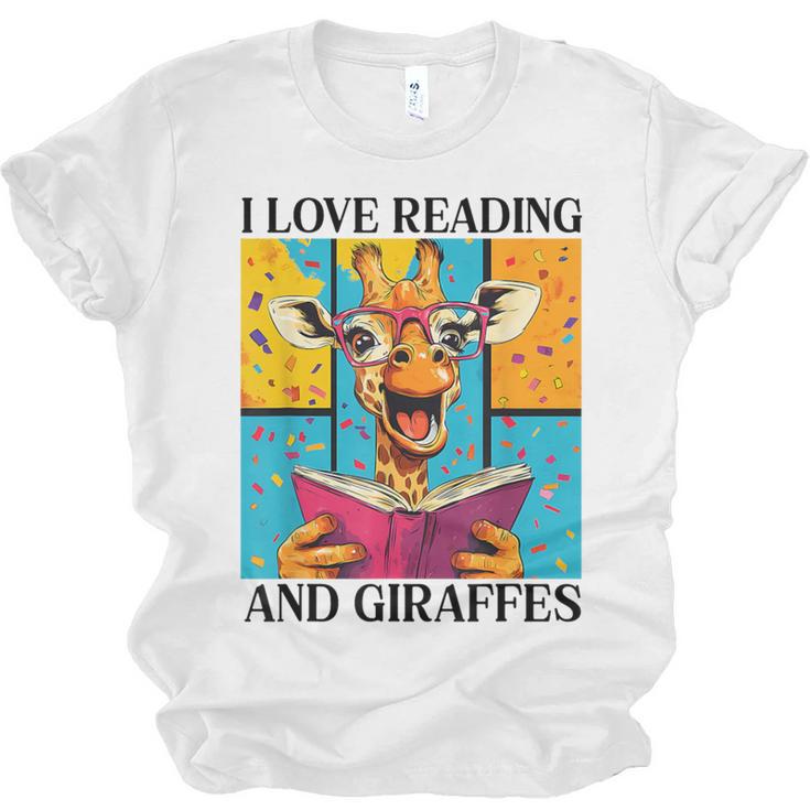 Love Reading And Giraffes Cute Giraffe Reading Book Lovers Unisex Jersey T-Shirt