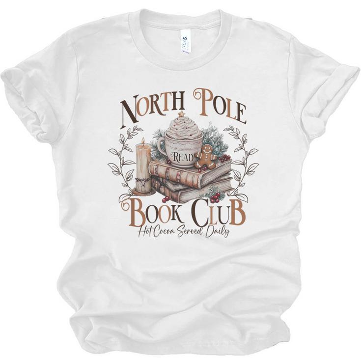 North Pole Book-Club Hot Cocoa Served Daily Christmas Book Unisex Jersey T-Shirt