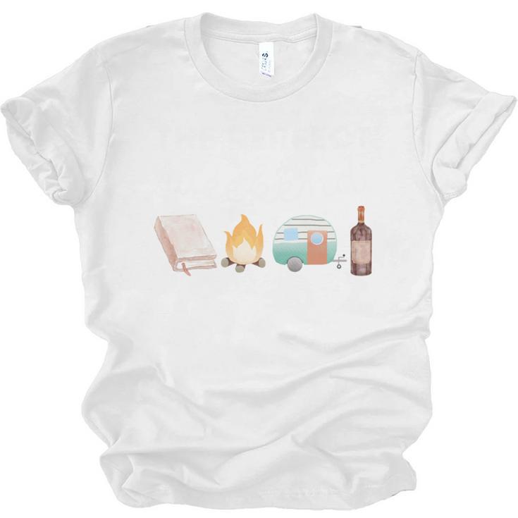 The Perfect Weekend Camping Essentials Wine Books Campfire Unisex Jersey T-Shirt