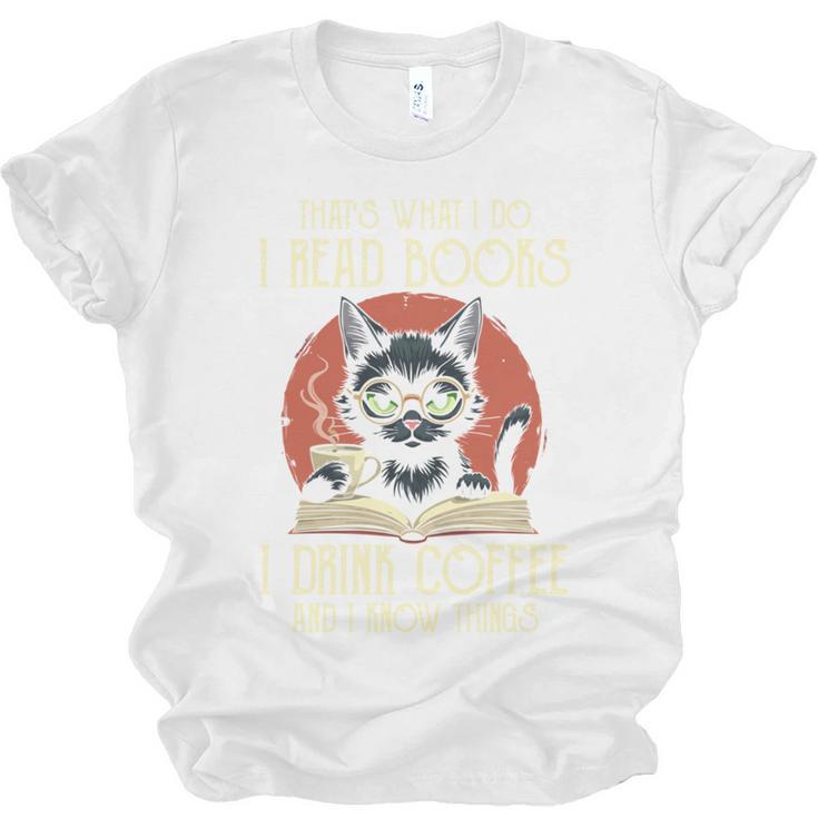 i Read Books And i Know Things Cat Reading Cat Coffee Books Unisex Jersey T-Shirt
