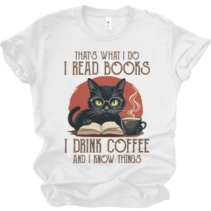 i Read Books And i Know Things Cat Reading Coffee Unisex Jersey T-Shirt