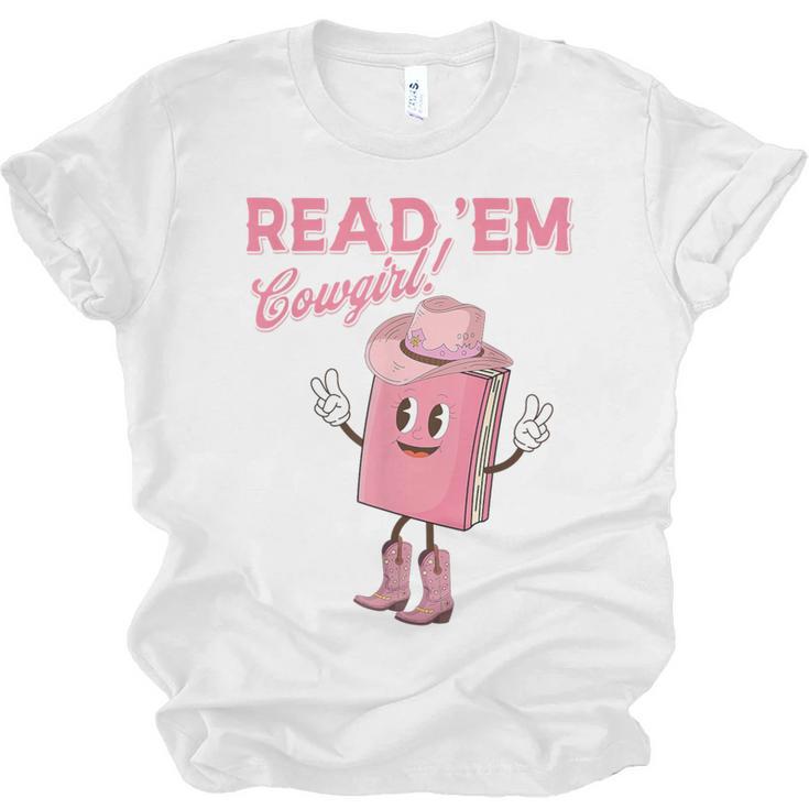Read 'Em Western Cowgirl Retro Groovy Reading Books Unisex Jersey T-Shirt