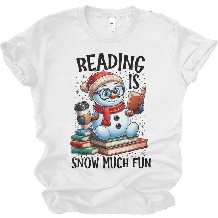 Reading Is Snow Much Fun Christmas Bookworm Snowman Reading Unisex Jersey T-Shirt