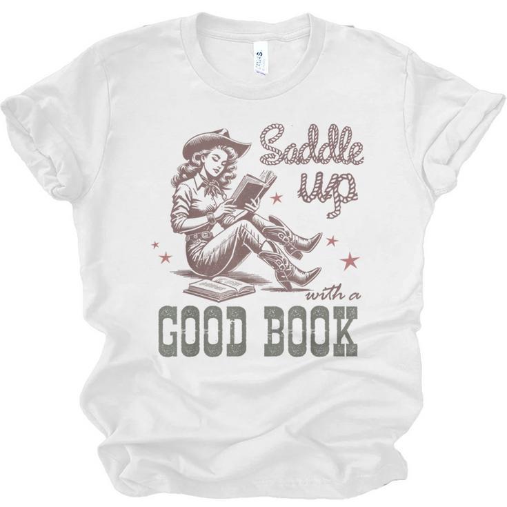 Retro Cowgirl ReadingTee Saddle Up With A Good Book Western Unisex Jersey T-Shirt