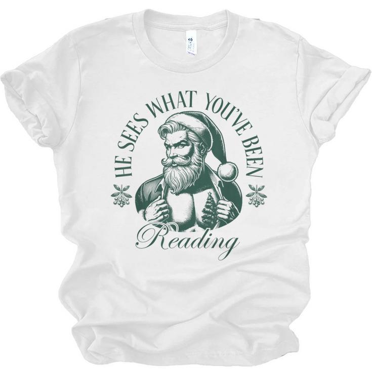 He Sees What You'Ve Been Reading Bookish Christmas Unisex Jersey T-Shirt