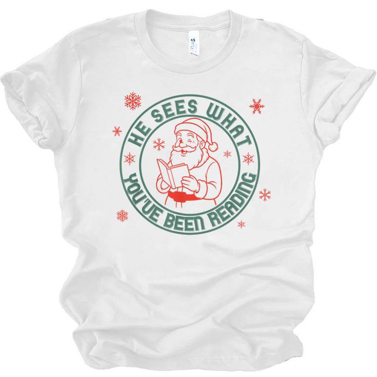 He Sees What You'Ve Been Reading Christmas Book Lover Shirt Unisex Jersey T-Shirt