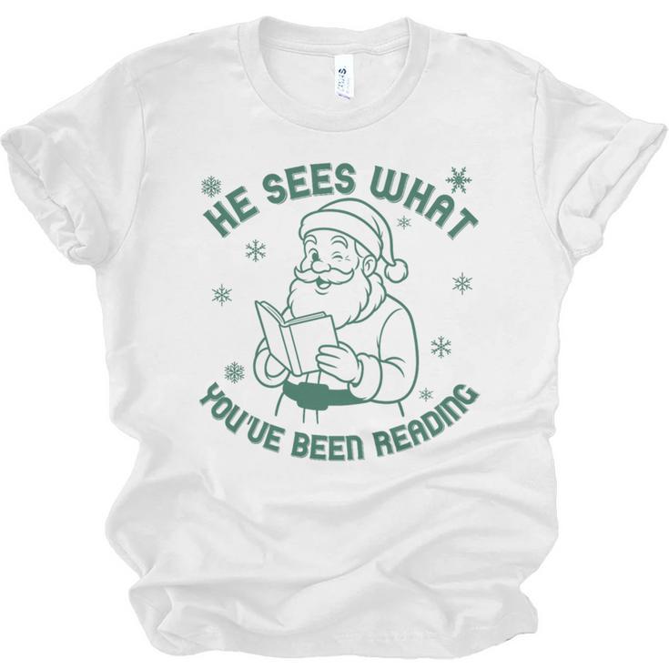He Sees What You'Ve Been Reading Christmas Bookish Santa Premium Tri-Blend Unisex Jersey T-Shirt