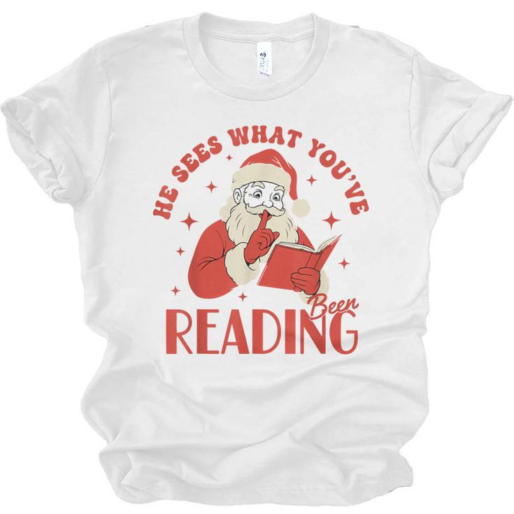 He Sees What You'Ve Been Reading Santa Book Unisex Jersey T-Shirt