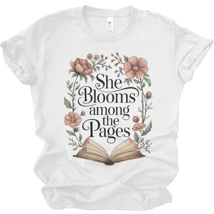 She Blooms Among The Pages Women Mom Wife Floral Book Lover Premium Tri-Blend Unisex Jersey T-Shirt