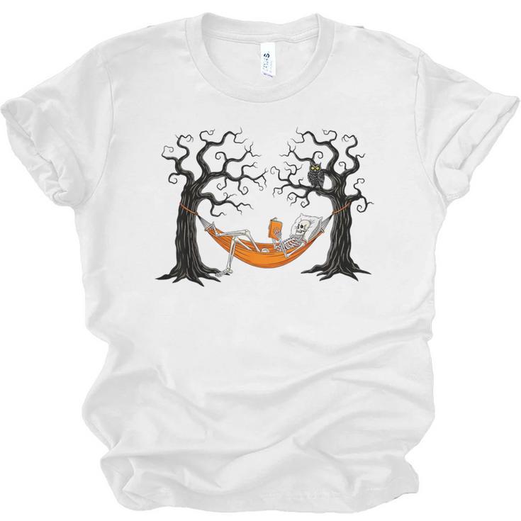 Skeleton Reading Book In Hammock Halloween Reader Unisex Jersey T-Shirt