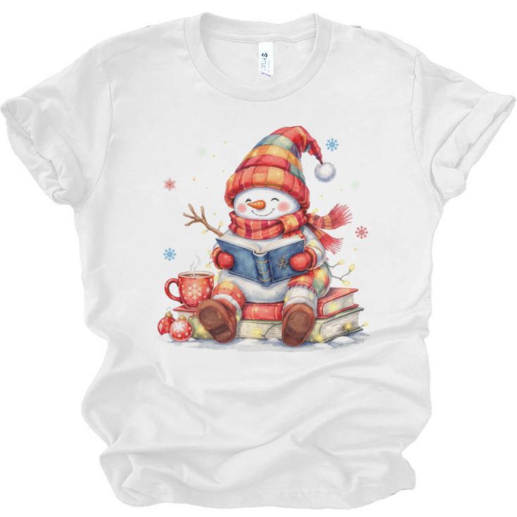 Snowman Reading Books Lovers Christmas Librarian Bookworm Unisex Jersey T-Shirt