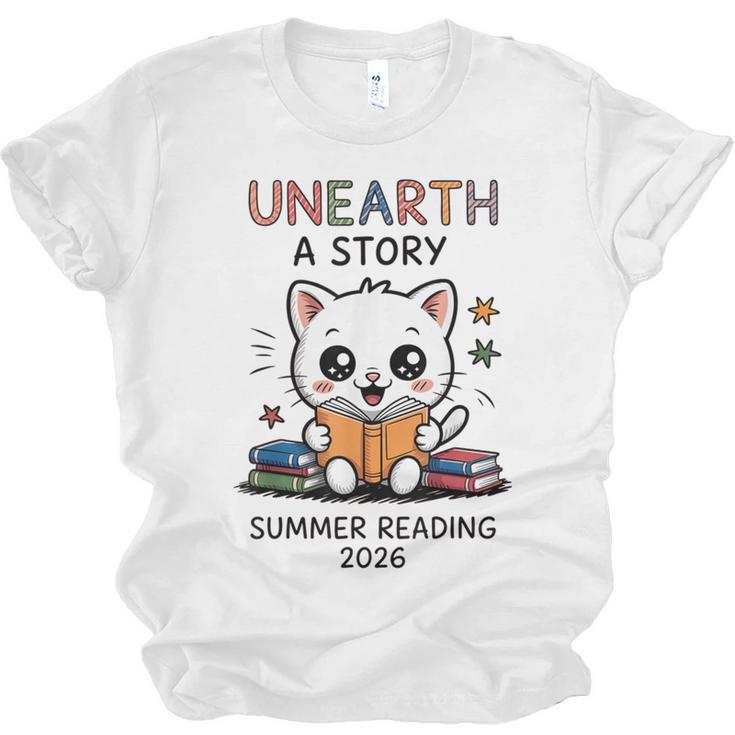 Unearth a Story Cute Kitten Summer Reading 2026 Cat Book Unisex Jersey T-Shirt