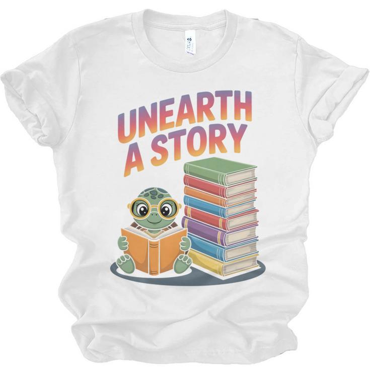 Unearth A Story Cute Turtle Reading Books Librarian Unisex Jersey T-Shirt