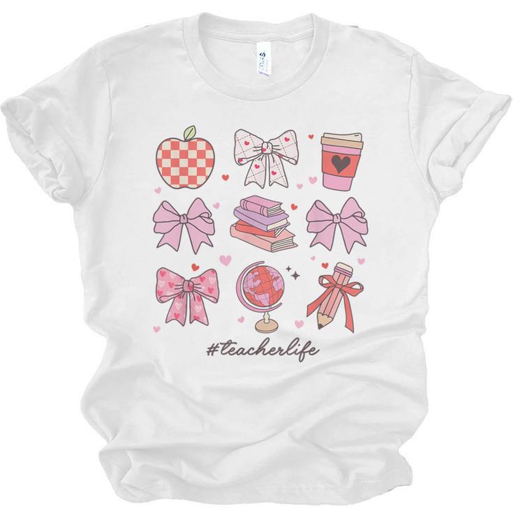 Valentine Teacher Cute Bows Apple Globe Pencil Books Art Unisex Jersey T-Shirt