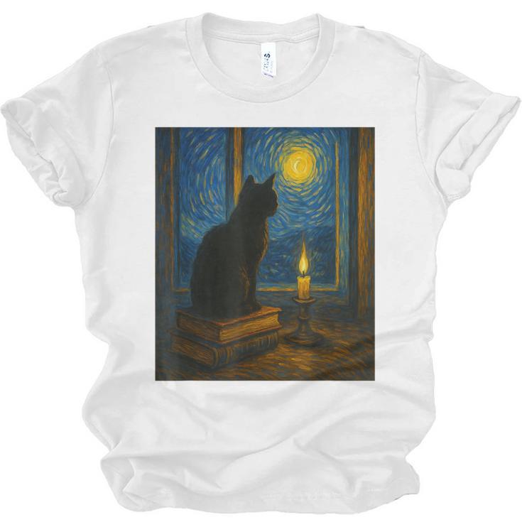 Van Gogh Starry Night Art Cat And Book Lovers Unisex Jersey T-Shirt