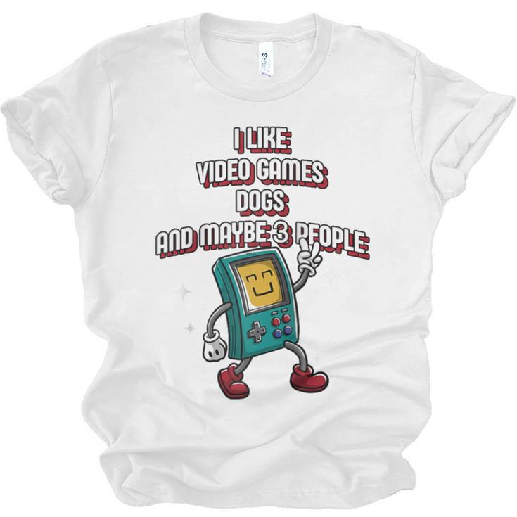 I Like Video Games Dogs And Maybe 3 People Gamer Introvert Raglan Baseball Tee Unisex Jersey T-Shirt