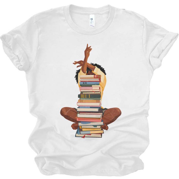 Woman And Books Stack Afro Girl Book Lover Unisex Jersey T-Shirt