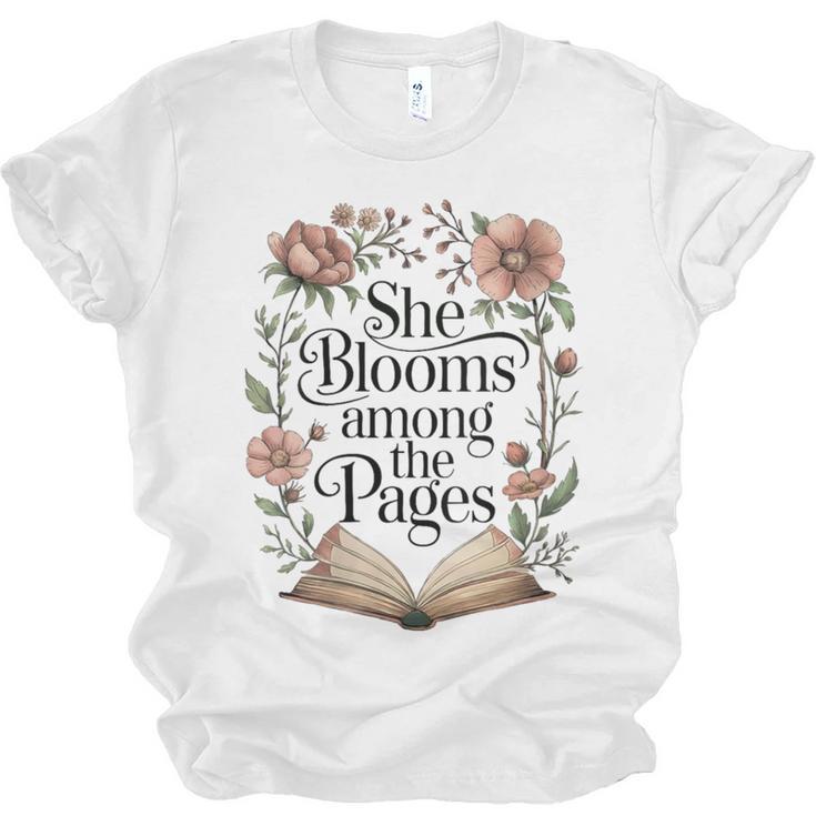Women's She Blooms Among The Pages Women Mom Wife Floral Book Lover Unisex Jersey T-Shirt
