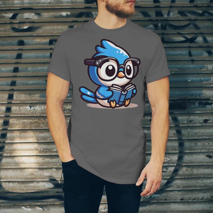 Adorable Book Lover Blue Jay With Reading Glasses Cute Unisex Jersey T-Shirt