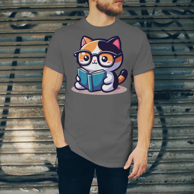 Adorable Book Lover Calico Cat With Reading Glasses Cute For Men Women Kids Unisex Jersey T-Shirt