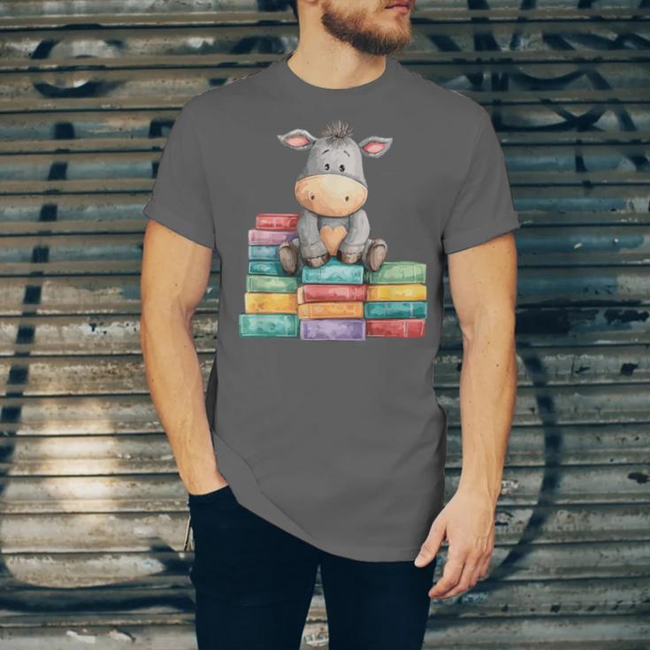 Adorable Donkey With Heart Sitting On Colorful Book Stack Unisex Jersey T-Shirt