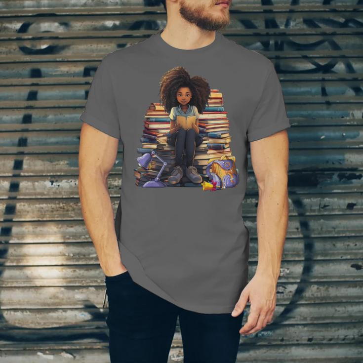 Back To School Afro Melanin Girl Reading Book Bookworm Unisex Jersey T-Shirt