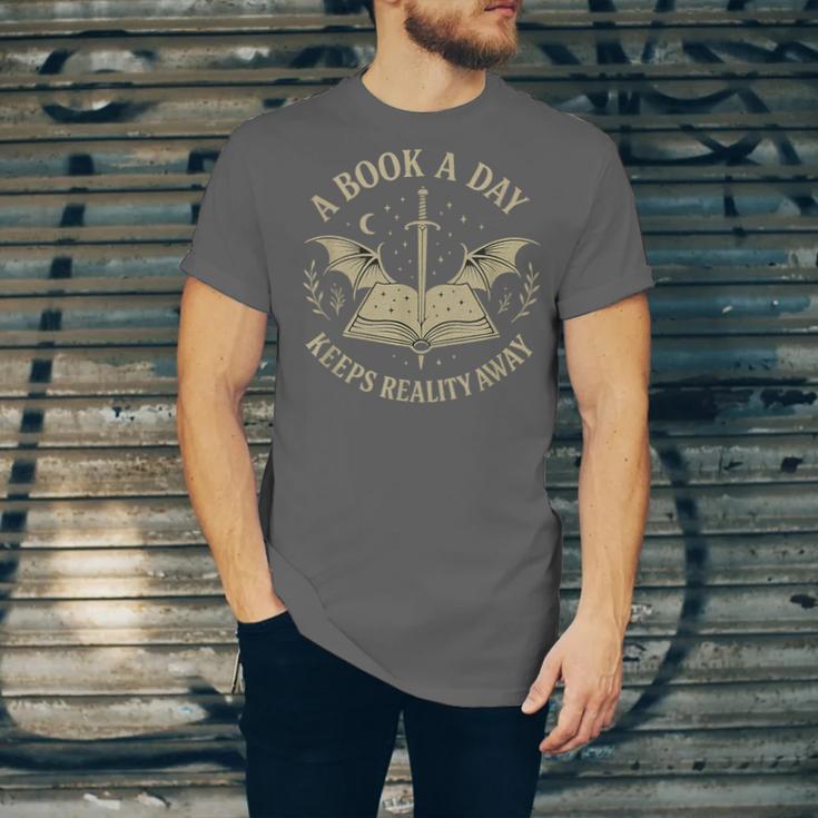 A Book A Day Keeps Reality Away Reading Escape Quote Unisex Jersey T-Shirt A Book A Day Keeps Reality Away Reading Escape Quote Unisex Jersey T-Shirt