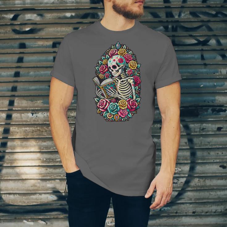 Book Lover Skeleton Reading With Dia De Los Muertos Flowers Unisex Jersey T-Shirt