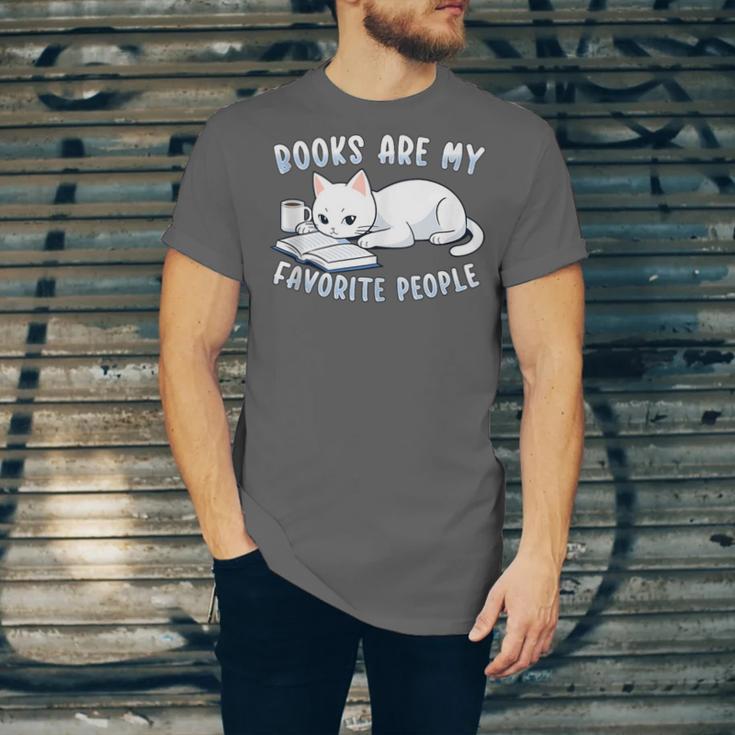 Books Are My Favorite People Cat With Coffee Mug Book Lovers Unisex Jersey T-Shirt