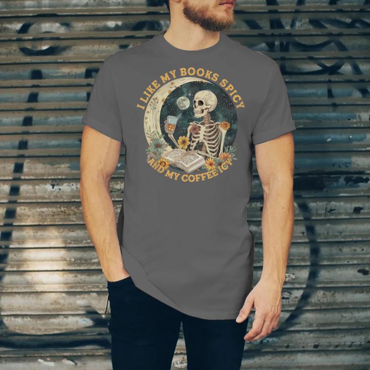 I Like My Books Spicy & My Coffee Icy Skeleton Read Book Unisex Jersey T-Shirt