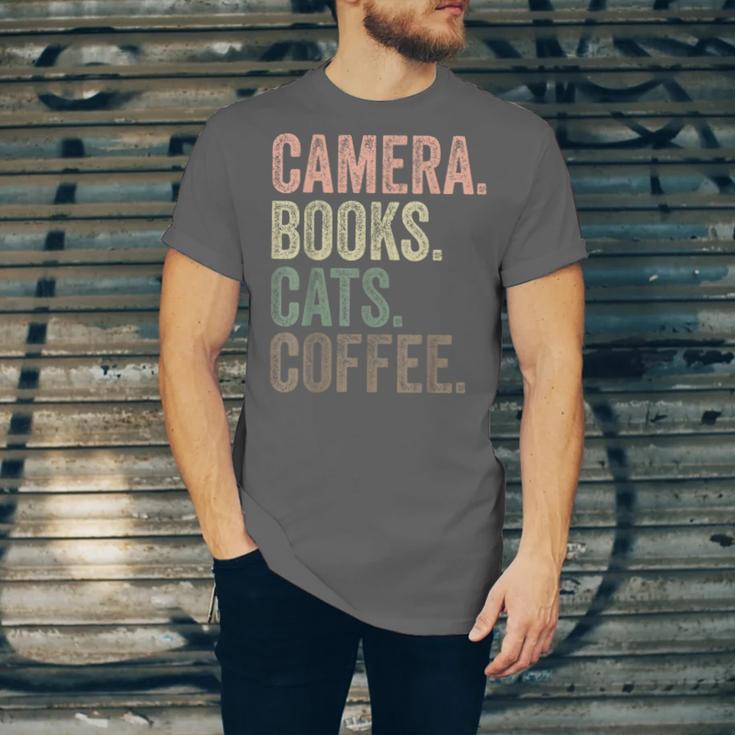 Camera Books Cats And Coffee Lover Photography Men Women Unisex Jersey T-Shirt