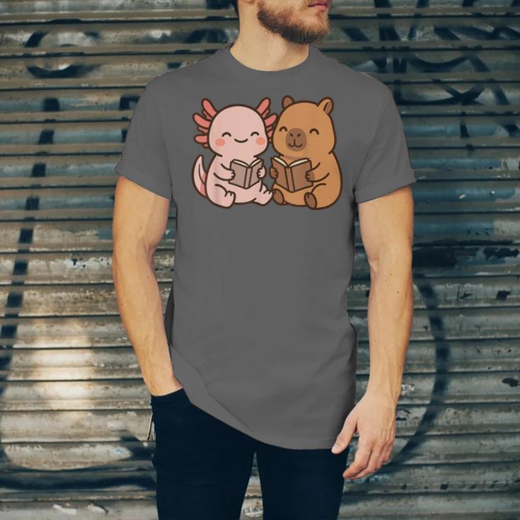 Capybara Axolotl Kawaii Kids Anime Book Lover Reading Unisex Jersey T-Shirt Capybara Axolotl Kawaii Kids Anime Book Lover Reading Unisex Jersey T-Shirt